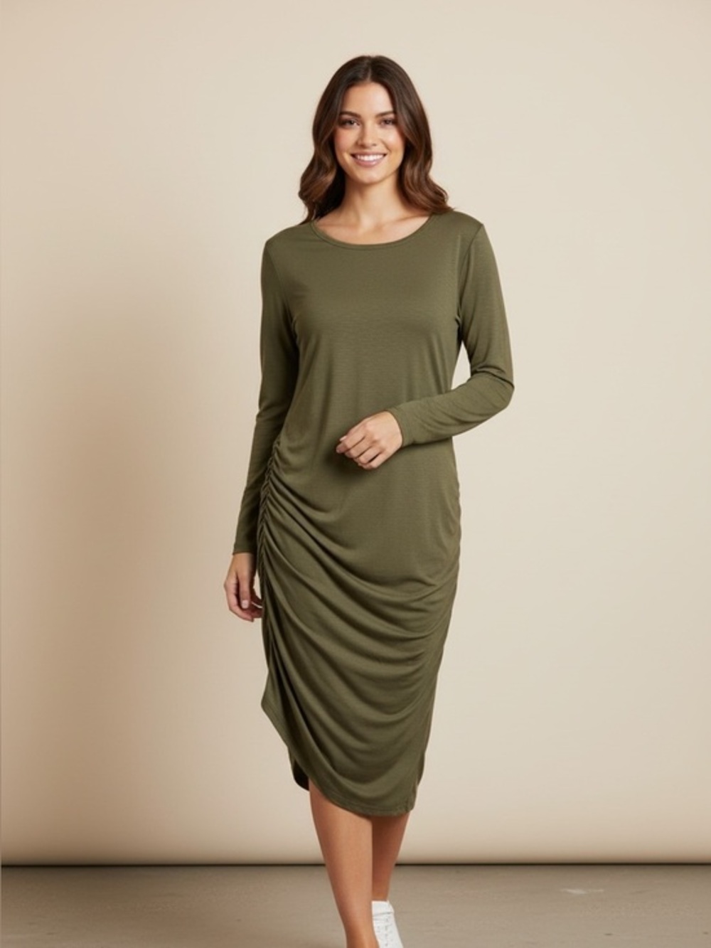 Side-Ruched Olive Midi Dress with Long Sleeves